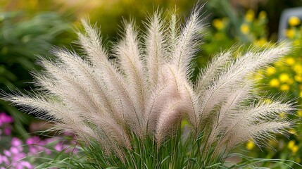 Fluffy ornamental grass garden closeup, blurred background, nature photography, website design