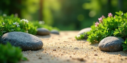 Serene garden with textured sand and carefully placed stones in a harmonious arrangement, stone placement, minimalist decor