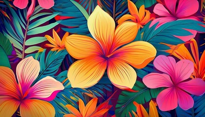 a colorful floral pattern with a tropical vibe the flowers are bright and vibrant with a mix of pink orange and yellow hues the leaves are also colorful