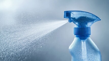 Blue spray bottle sprays water against light background; possible cleaning or misting