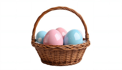 Cesta con huevos de Pascua rosas y azules aislados sobre fondo blanco