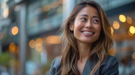 Obraz premium Empowered female in a sleek suit, smiling happily while looking to the side, in an urban outdoor environment