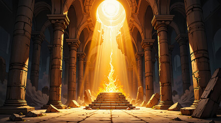 Majestic ancient temple ruins illuminated by bright light with a central flame and golden rays