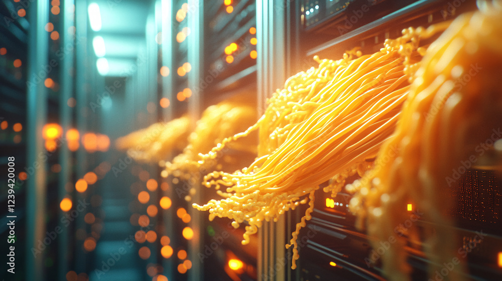 Aufkleber a surreal server room where data cables transform into spaghetti, with servers dishing out digital m
