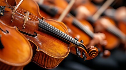 Fototapeta premium an orchestra playing, the focus is on one violin player with her hands gently plucking the strings. In front and to either side, other musicians playing various instruments can be seen visible behind 