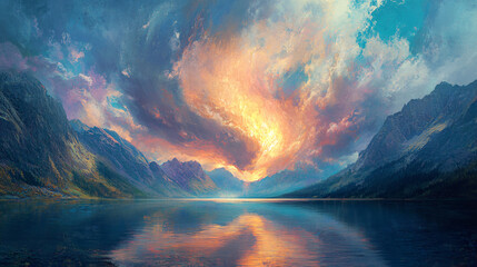 A swirling, glowing cloud slowly dissipating over an isolated mountain lake, the colors of the cloud blending into the water in a serene and harmonious composition.