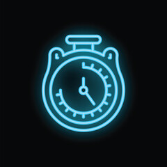 Blue neon stopwatch icon glowing against a dark background, representing the concept of time