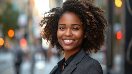 Obraz premium Empowered female in a sleek suit, smiling happily while looking to the side, in an urban outdoor environment
