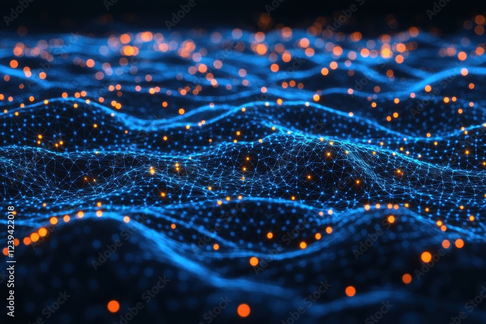 Poster a futuristic digital network represented by glowing blue lines and interconnected points stretches a