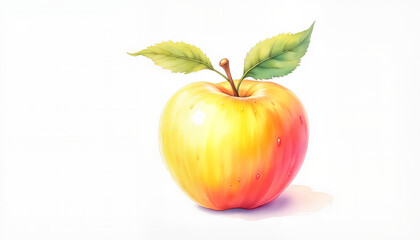 Golden apple illustration with green leaves on white background, freshness