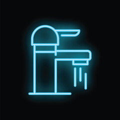Bright blue neon water faucet sign glowing on dark background