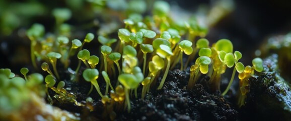 Tiny green sprouts rise from rich, dark soil, perfectly captured in focus. The fresh leaves signify new beginnings and the vibrancy of life in a natural setting