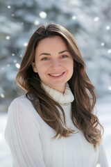 Fototapeta premium A cheerful woman with long brown hair wearing a cozy white sweater, standing outdoors in a snowy winter wonderland, radiating warmth and happiness.