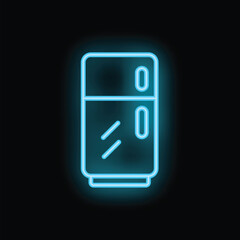 Neon refrigerator icon glowing in blue, a vibrant symbol of food storage and kitchen appliances