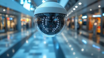Surveillance camera in modern shopping mall captures wide view of retail environment