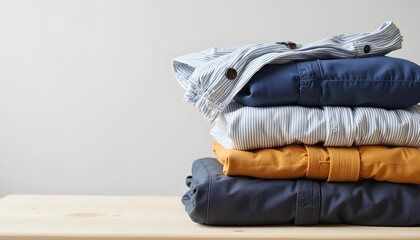 Neatly Folded Clothing Stack in Blue and Yellow Tones on Light Wood Surface