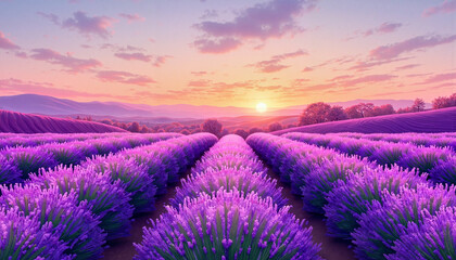 Obraz premium Lavender fields blooming at sunset