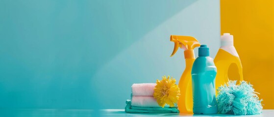 A bright background with cleaning products, sponges and flowers will be suitable for advertising household chemicals, articles about the choice of cleaning products and blogs