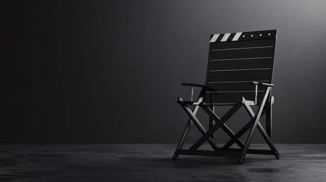 Black and white image of a director's chair with film valve on a yellow background is perfect for film industry themed articles, magazine covers or film festival advertisements.