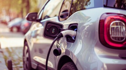 A photo of an electric car charging on the street, emphasising eco-friendliness and innovation, would be useful in articles about transport, the environment or reviews of automotive innovations.