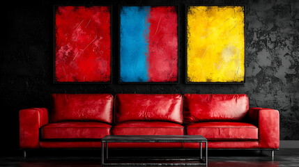 Red Leather Sofa in a Dark Room with Abstract Red, Yellow, and Blue Paintings