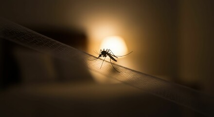 Silhouetted mosquito on netting against warm light background