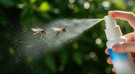 Hand spraying mosquito repellent outdoors with insects in flight