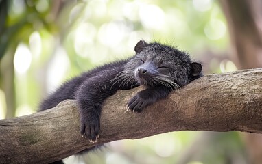 Obraz premium A cute bearcat (binturong) relaxes on a tree branch, its eyes closed in contentment, showcasing its unique appearance and arboreal lifestyle in a natural setting