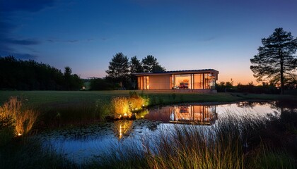 lonely illuminated villa in nature by a pond at dusk
