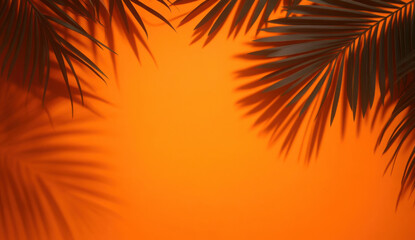 Tropical palm leaves natural shadow overlay on orange texture background, for overlay on product presentation, backdrop and mockup, summer seasonal concept, minimal trend style
