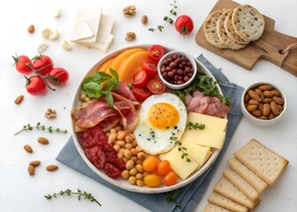 Colorful brunch platter featuring fresh ingredients and a sunny side up egg on a white table with bread on the side