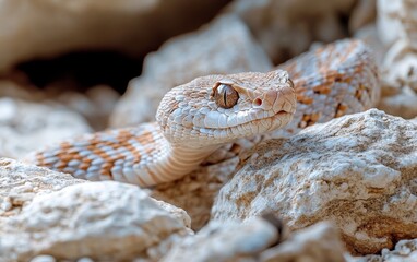 Fototapeta premium A close-up portrait of a desert viper, its scales and piercing eye in sharp focus, as it rests on rocky terrain, showcasing the beauty and danger of this desert predator