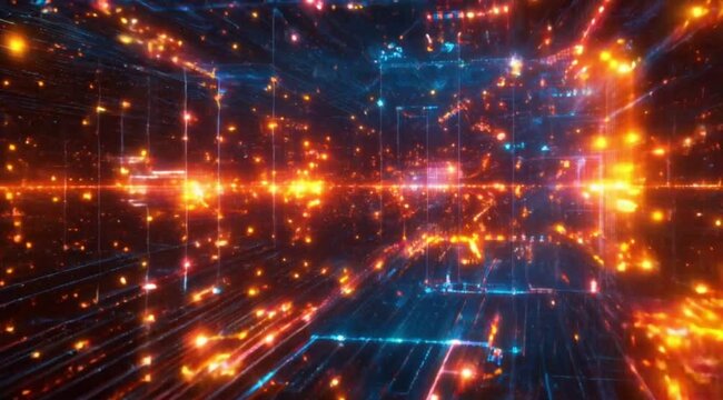 Dynamic movement through a vibrant digital landscape filled with glowing particles and intricate lights, creating a captivating visual experience in a virtual environment