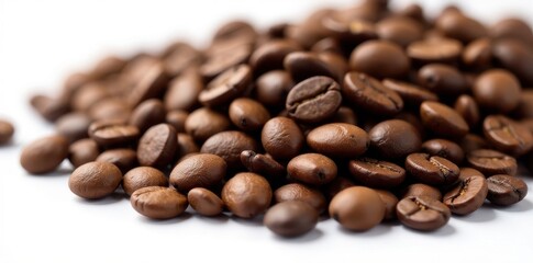 Fototapeta premium Whole coffee beans in a pile, isolated on white, product, high resolution