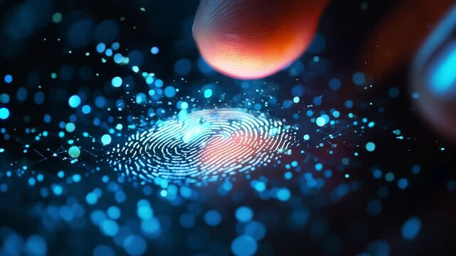 Close view of a finger touching a digital surface displaying a fingerprint scan surrounded by glowing particles reflecting modern authentification technology