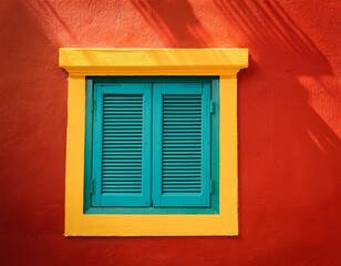 Fototapeta premium vibrant red and yellow building wall with a teal window