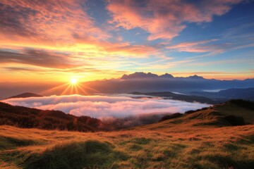 Obraz premium During the serene golden hour, the misty mountain landscape transforms into a captivating sunset scene