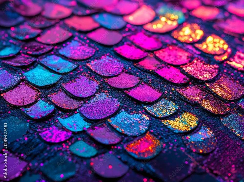 Poster A close-up of the pink sequin fabric sparkling with light; abstract sparkle detail