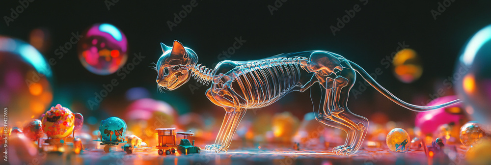 Poster a whimsical x-ray of a cat, with its skeletal form playfully illustrated against a backdrop of float