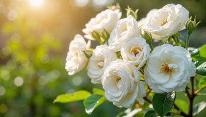 Obraz premium White roses blooming in sunlight
