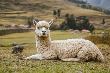 Obraz premium Lama vicugna relaxes on a farm its soft wool comes from Peru s national animal