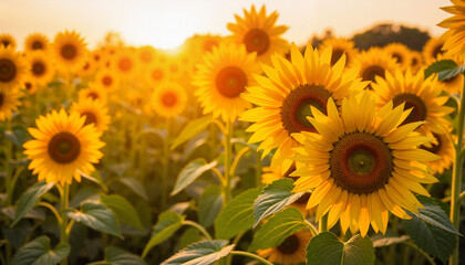 Fototapeta premium Sunflowers blooming in golden sunset light