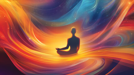 A figure in meditation, connected to flowing waves of vibrant energy, encapsulating a theme of tranquility and the harmony of mind, body, and digital space. Movement and Flow. Illustration