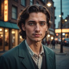Obraz premium Young Man in Green Jacket Against Urban Twilight Backdrop