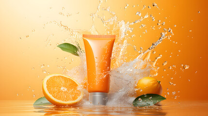 Dynamic Cosmetic Product Display with Splashing Water and Citrus Elements