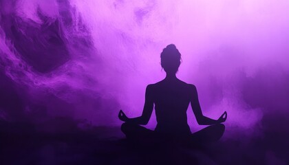 Serene Silhouette: A Woman Meditates in a Purple Haze