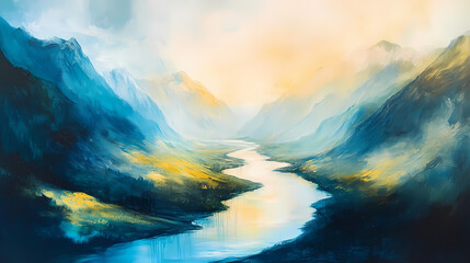 Abstract painting of a river winding through a mountainous landscape. Movement and Flow. Illustration
