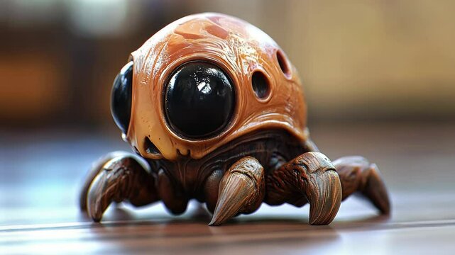 A small, imaginative creature with oversized glossy eyes and a distinctive shell rests on a wooden surface