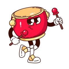 Groovy drum cartoon character holding sticks. Funny retro traditional Chinese red drum walking. Lunar New Year dance, music mascot, cartoon old instrument sticker of 70s 80s style vector illustration