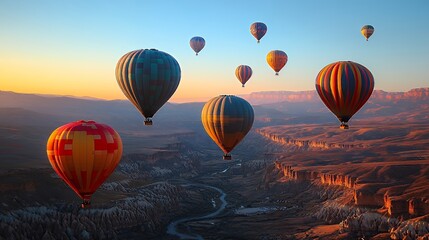 Obraz premium Colorful Hot Air Balloons Soaring Over Scenic Canyon at Sunrise